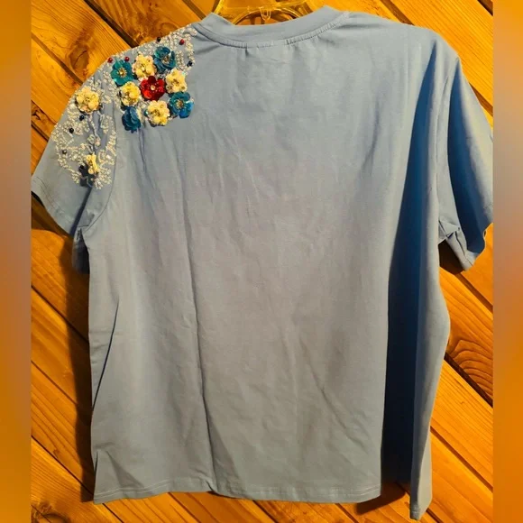 Queen Of Sparkles - Blue T-Shirt w/Sequin Champagne Bottle reads Game Day on it - Picture 2 of 2